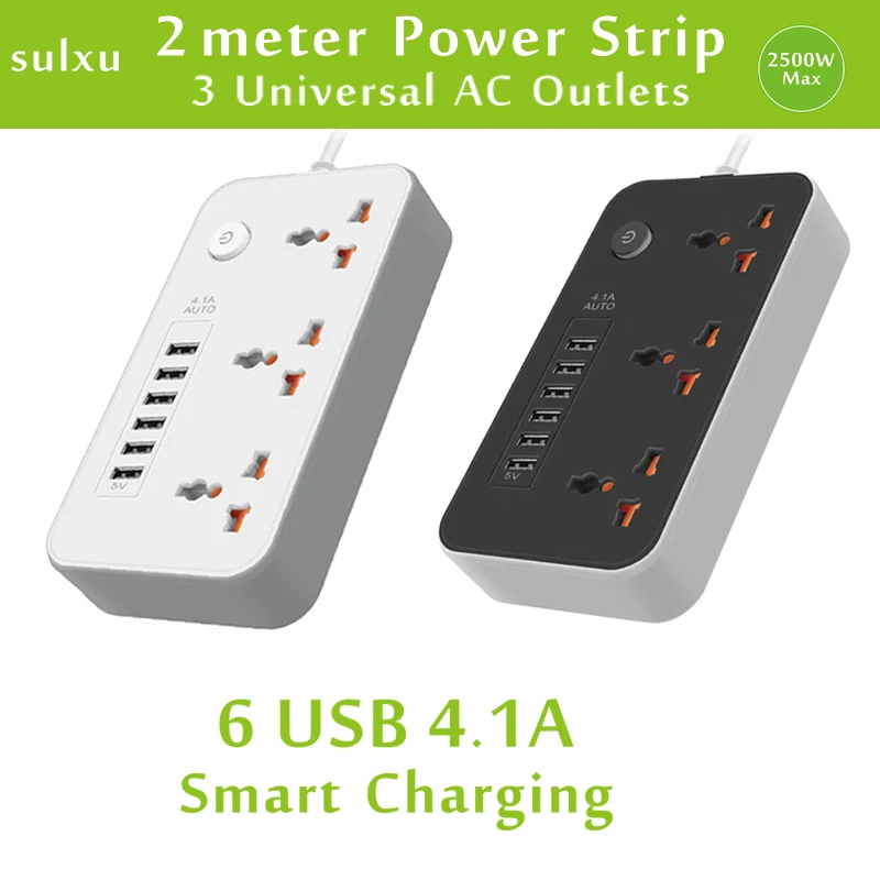 

Universal extension power socket 3 AC Outlets and 6USB 5V4.1A charging port 2-meters cord extension power strip Indian plug