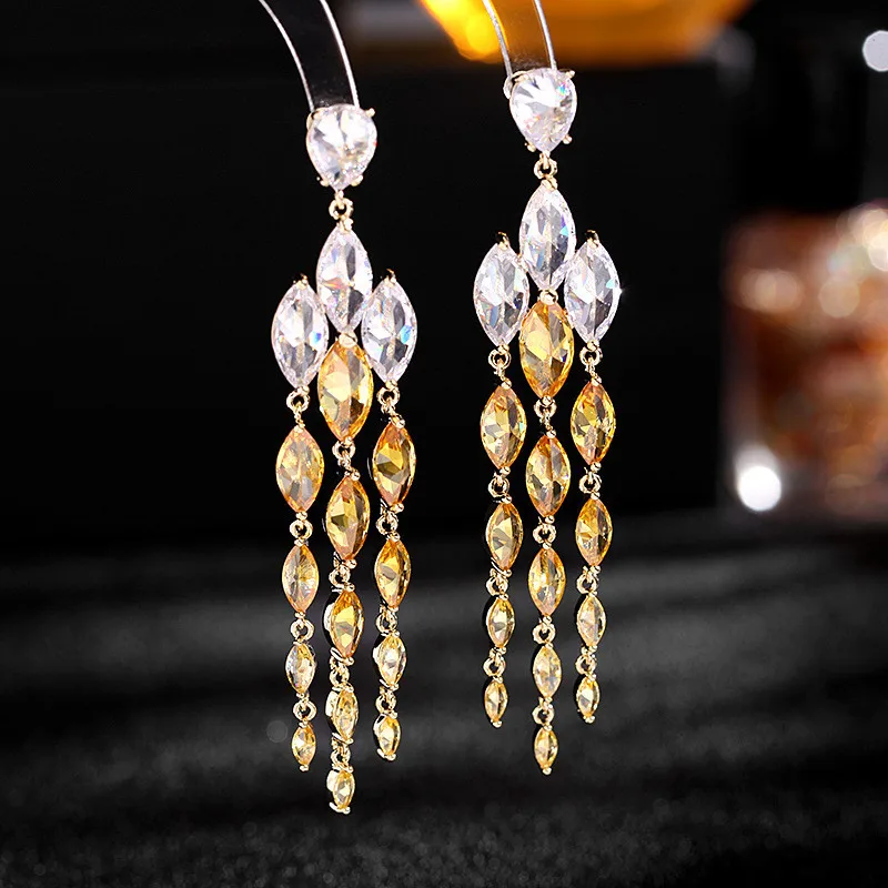 

Fashion Yellow Blue Purple Cubic Zirconia Tassel Long Drop Earring for Women Romantic Geometric Earrings Jewelry Accessories