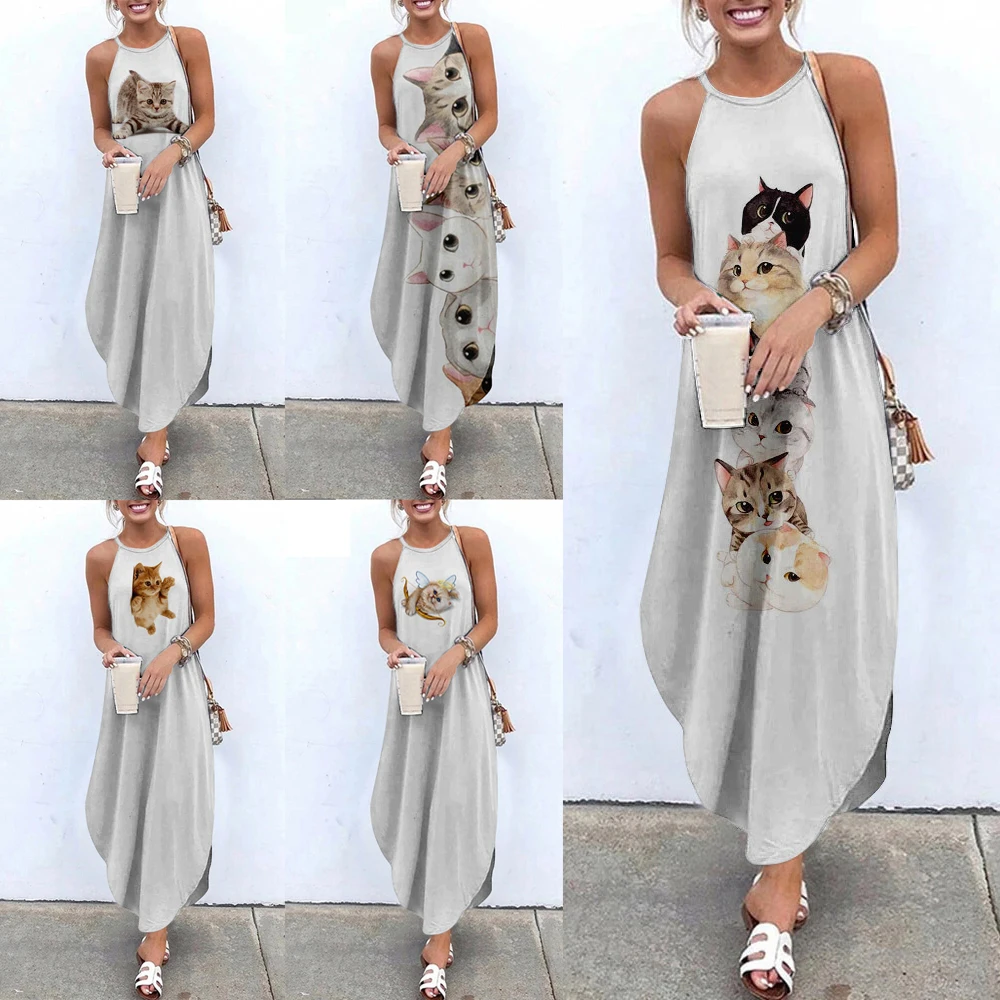 Платье-макси без рукавов с принтом кошки | Женская одежда