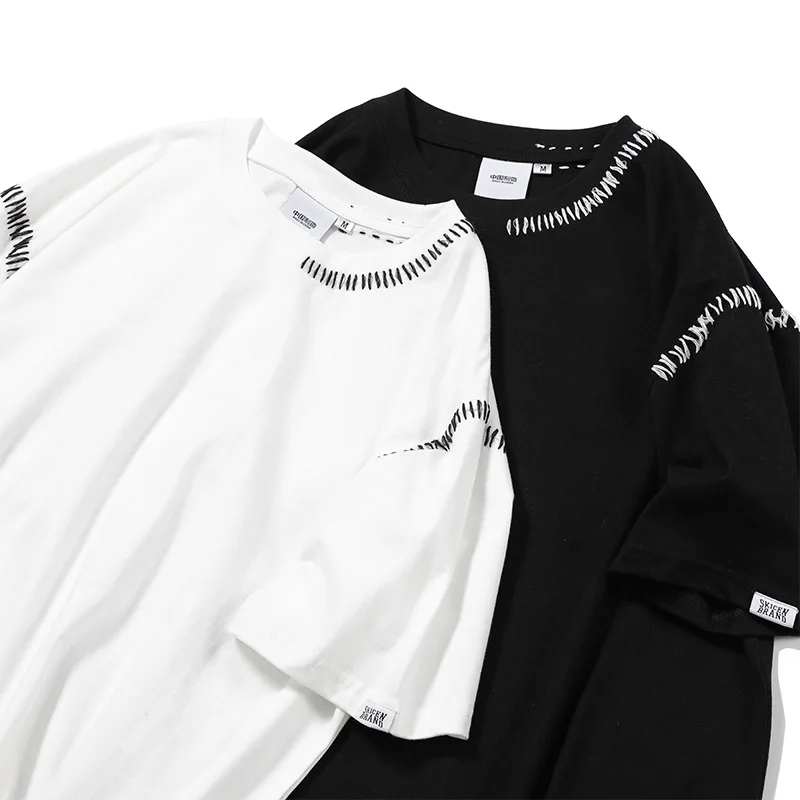 

230g 100% Cotton T-shirt Handmade Needlework Design High Street Loose Short-sleeved T-shirt Chic Japanese Summer White Top Tees