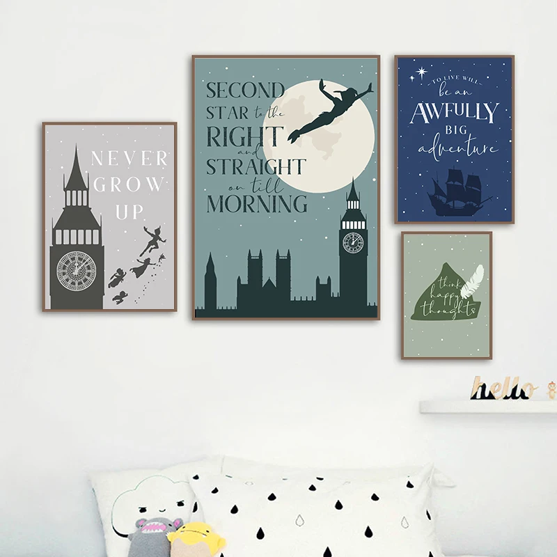 Минималистичный плакат Питер Пэн с художественным принтом «счастливые мысли», никогда не растет, удивительные большие приключения, Картина на холсте, декор для детской комнаты