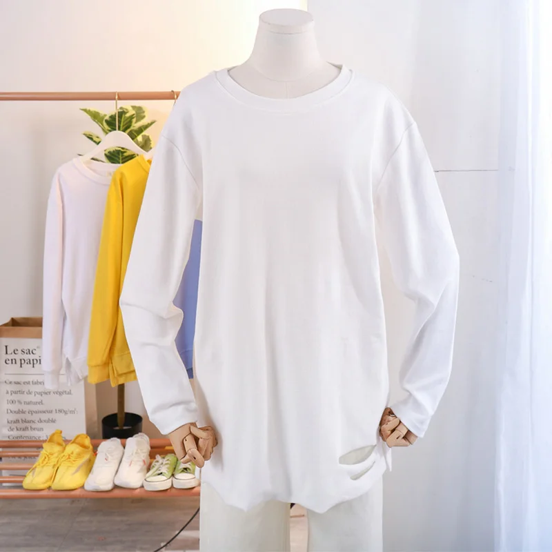 

EBAIHUI 100% Cotton M-4XL Basic Hole T Shirt Solid Tshirt Long Sleeve Men's Top Summer Couple O Neck White Bottoming T Shirts
