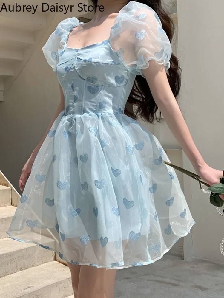 

Sweet Elegant Printing Mini Dress Women Korean Vintage Chic Puff Sleeve Dress Female Casual Princess Birthday Party Dress 2022