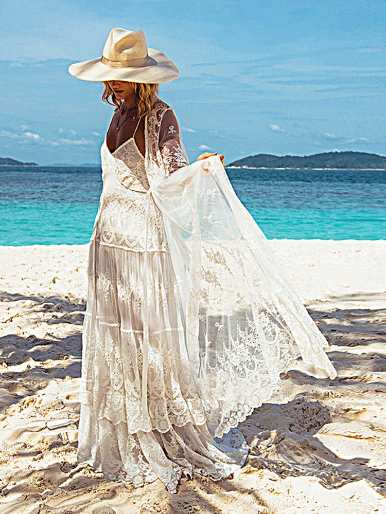 Fitshinling Bohemian Lace Beach Cover Up Swimwear Sheer Sexy Hot Summer Long Cardigan Bikini Outing Holiday White Kimono 2022 | Женская