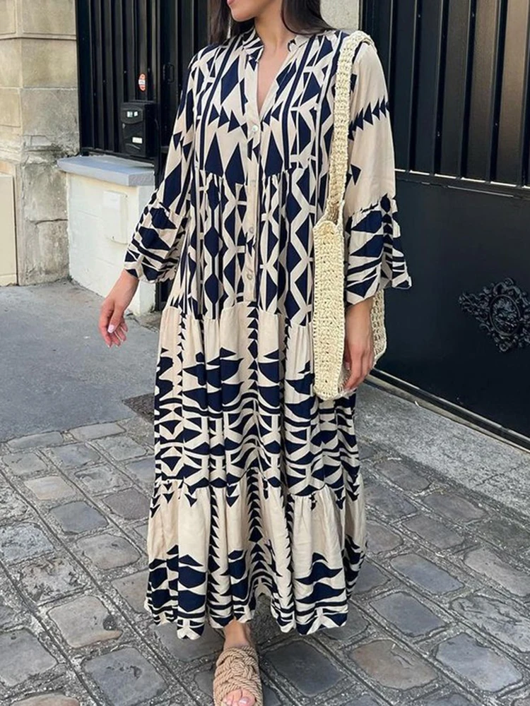 

Women Vintage Print Dresses 2023 Summer V-Neck Long Sleeve Pleated Long Dresses Female Boho Beach Shirt Dress Casual Robe