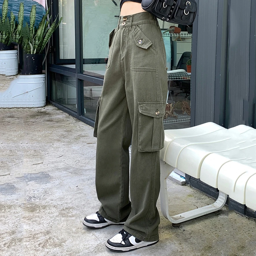 

Брюки женские прямые с множеством карманов, повседневные свободные штаны с завышенной талией, в тяжелом отраслевом стиле, с широкими штанинами