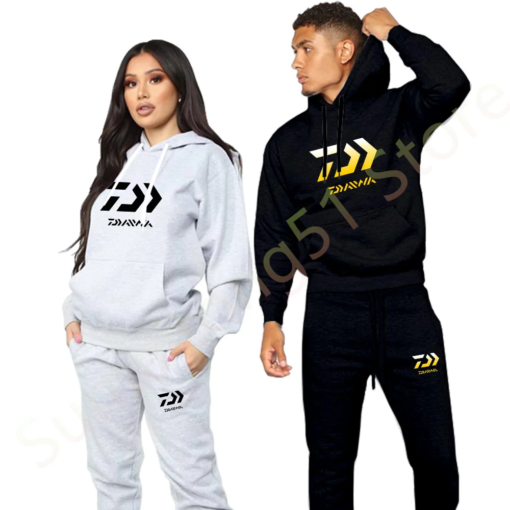 

Tracksuit Men's Daiwa Fishing Print Sweatshirt + Sweatpants Autumn Winter 2 Pieces Set Couple Hoodies Suit Women Clothing