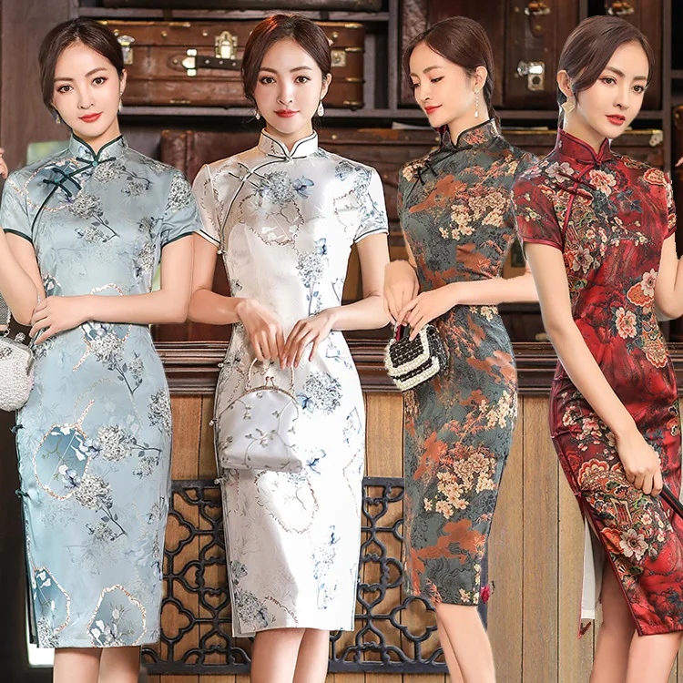 

Винтажное китайское традиционное платье-Ципао, облегающее платье с цветочным рисунком для женщин, вечернее платье-Ципао для свадьбы, 9 цвет...