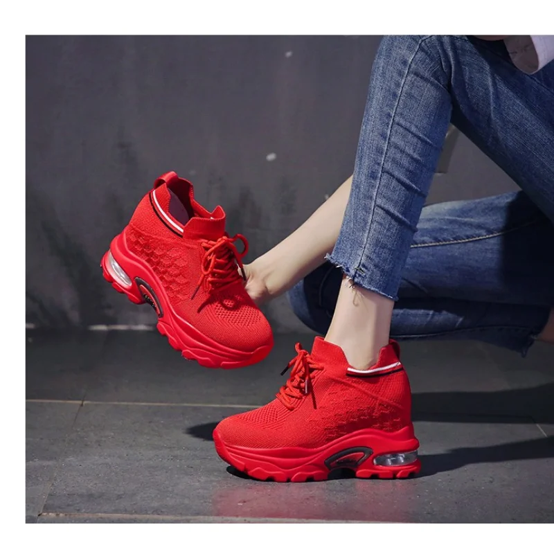 

Женские кроссовки на танкетке, повседневные прогулочные туфли на шнуровке, увеличивающие рост, 8,5 см