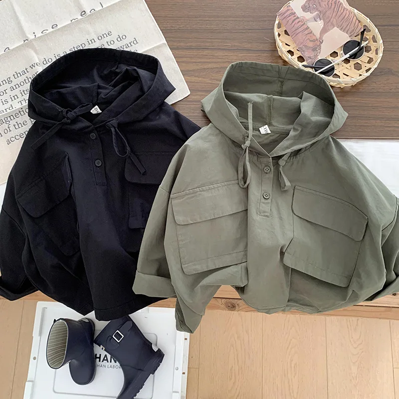

Boys and Girls Spring and Autumn 2022 New Children Children Hooded Korean Style Solid Color Jacket with Big Pockets Fashion