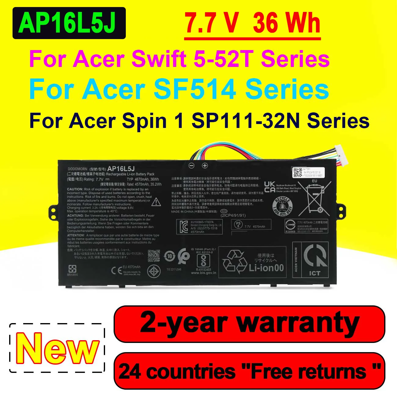 

NEW AP16L5J Laptop Battery For Acer Aspire Swift 5 SP111-32N SF514-52T Spin 1 2ICP4/91/91 36Wh 7.7V 4670mAh