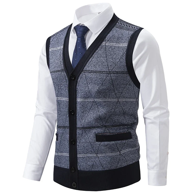 Новинка осенние мужские вязаные жилеты клетчатый Повседневный свитер мужская