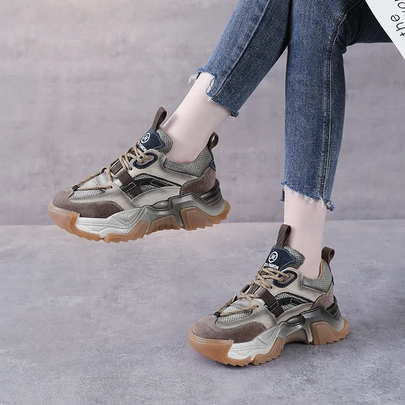 Autuspin 4.5cm Chunky Cross-Tied Sneakers Women Summer Autumn Handmade Cow Leather Casual Vulcanized Shoes Students Woman Retro