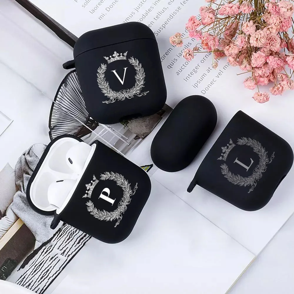 

Новинка 2022 г., силиконовый чехол для apple Airpods 1, 2, чехол с белой короной, начальным алфавитом, аксессуары для наушников, чехол с буквами для Air ...