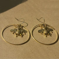 creative gold color little bee drop earrings vintage jewelry flying insect big hollow circle metal handmade dangle earrings