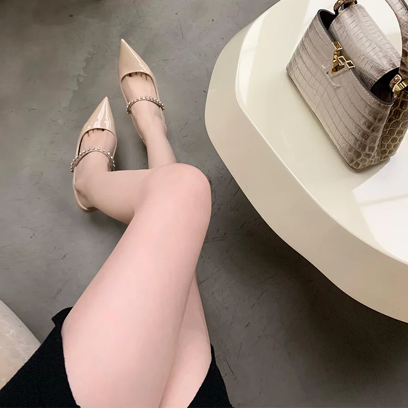 

Rhinestones Band slingback patent leather pumps women slip on pointed toe footwear femm crystal stiletto high heels shoes woman