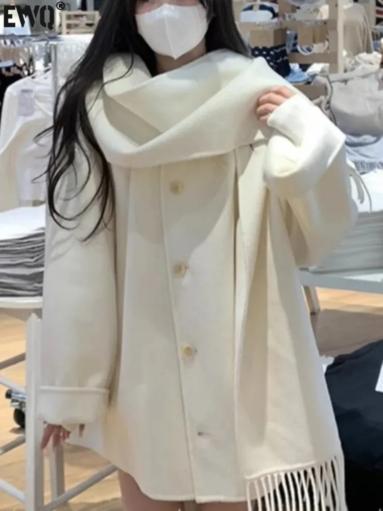 

[EWQ] Elegant Single Breasted Woolen Coat Women's Clothing Tassel Shawl Cloak Jackets Outerwear 2023 Autumn Winter New 16U6490