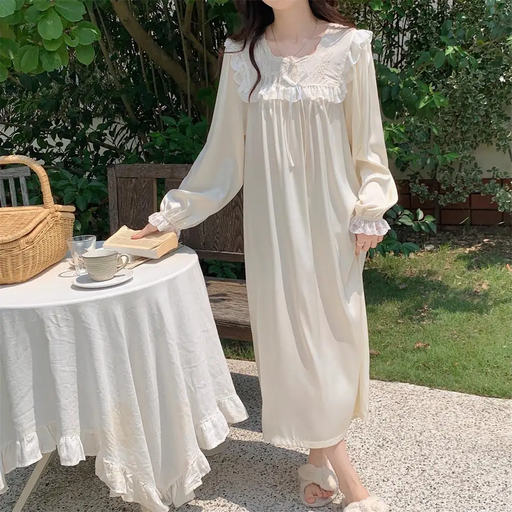 Satin Square Collar Autumn Nightgown Women Lace Patchwork Long Sleepwear Loose Casual Sweet Night Dress Floral Embroidery