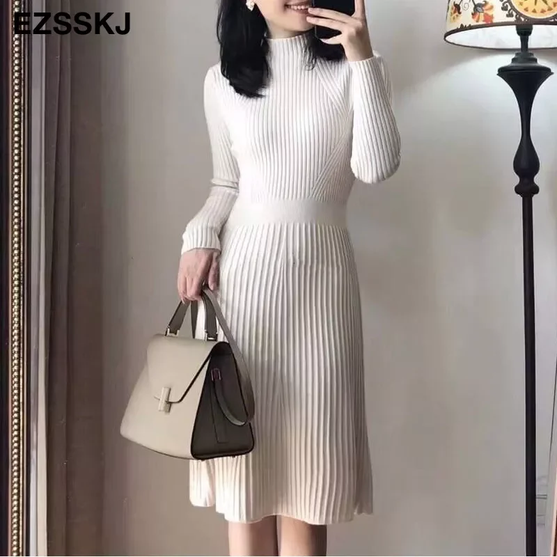 

elegant OL turtleneck slim long Sweater dress women Thick knit Autumn Winter dress female Slim A-line basic dress casual