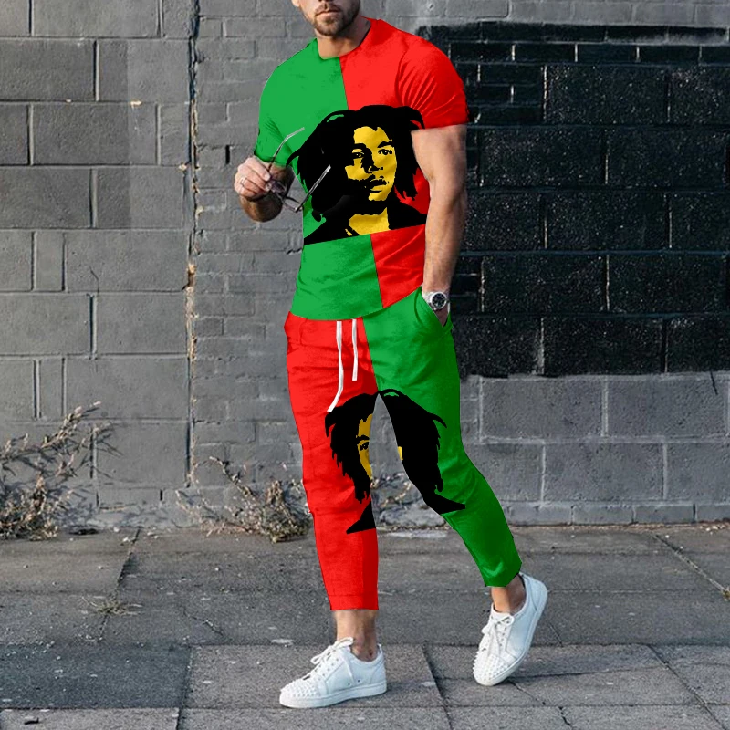 Tracksuits Set For Men Summer Bob Marley Printed Series Short Sleeve T-shirt Trousers Set Street Fashion Men's Jogging Suit images - 6