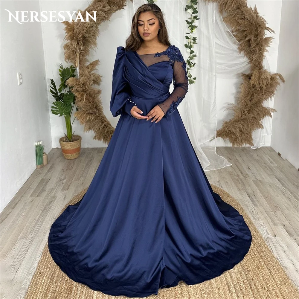 

Nersesyan Royal Blue Lace Evening Dresses A-Line Pleats Appliques Formal Prom Dress For Wedding Dubai Bridesmaid Party Gowns
