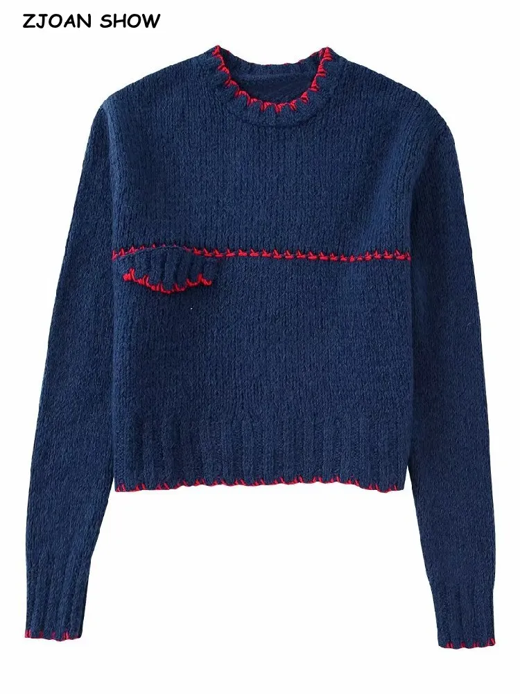 

Женский трикотажный свитер с длинным рукавом, темно-синий пуловер с яркой линией и круглым вырезом, свободный винтажный джемпер, 2022