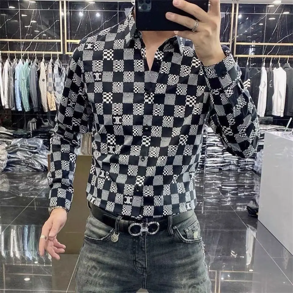 Men's Tide Brand Printed Long Sleeve Shirt Autumn Business Leisure Joker Korean Slim Shirt