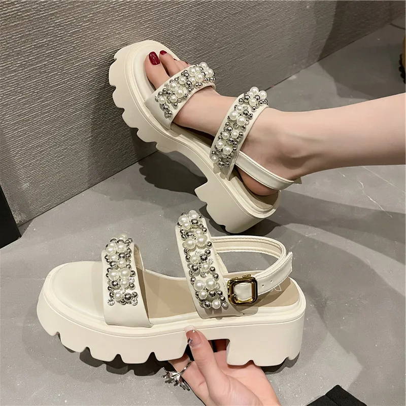

Med Clogs With Heel Comfort Shoes for Women Buckle Roman Sandals Suit Female Beige 2022 Summer All-Match Medium Thick Gladiator