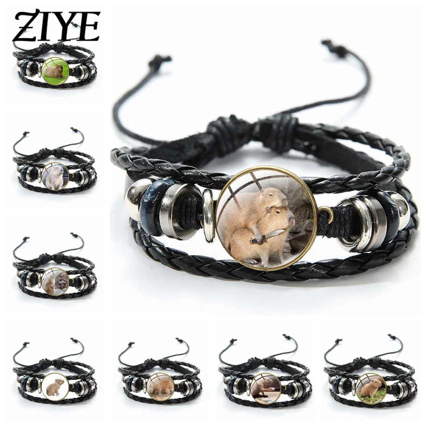 

Cute Capybara Braided Wrap Leather Bracelet Cartoon Animal Glass Cabochon Bracelets for Women Man Pet Lovers Jewelry Accessories