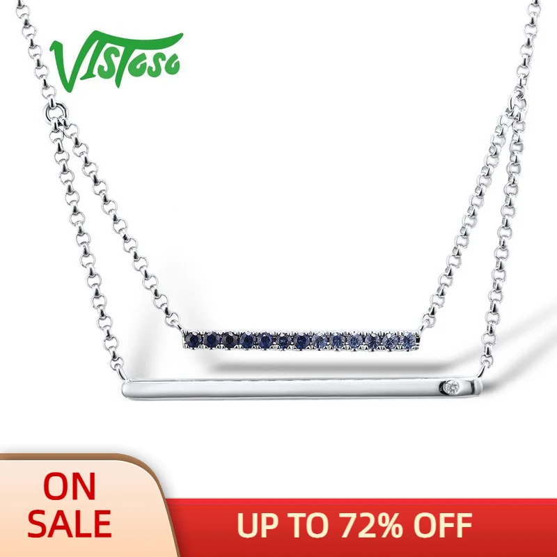 

VISTOSO 10K White Gold Round Blue Sapphire Sparkling Diamond Necklace For Lady Engagement Anniversary Gift Party Fine Jewelry