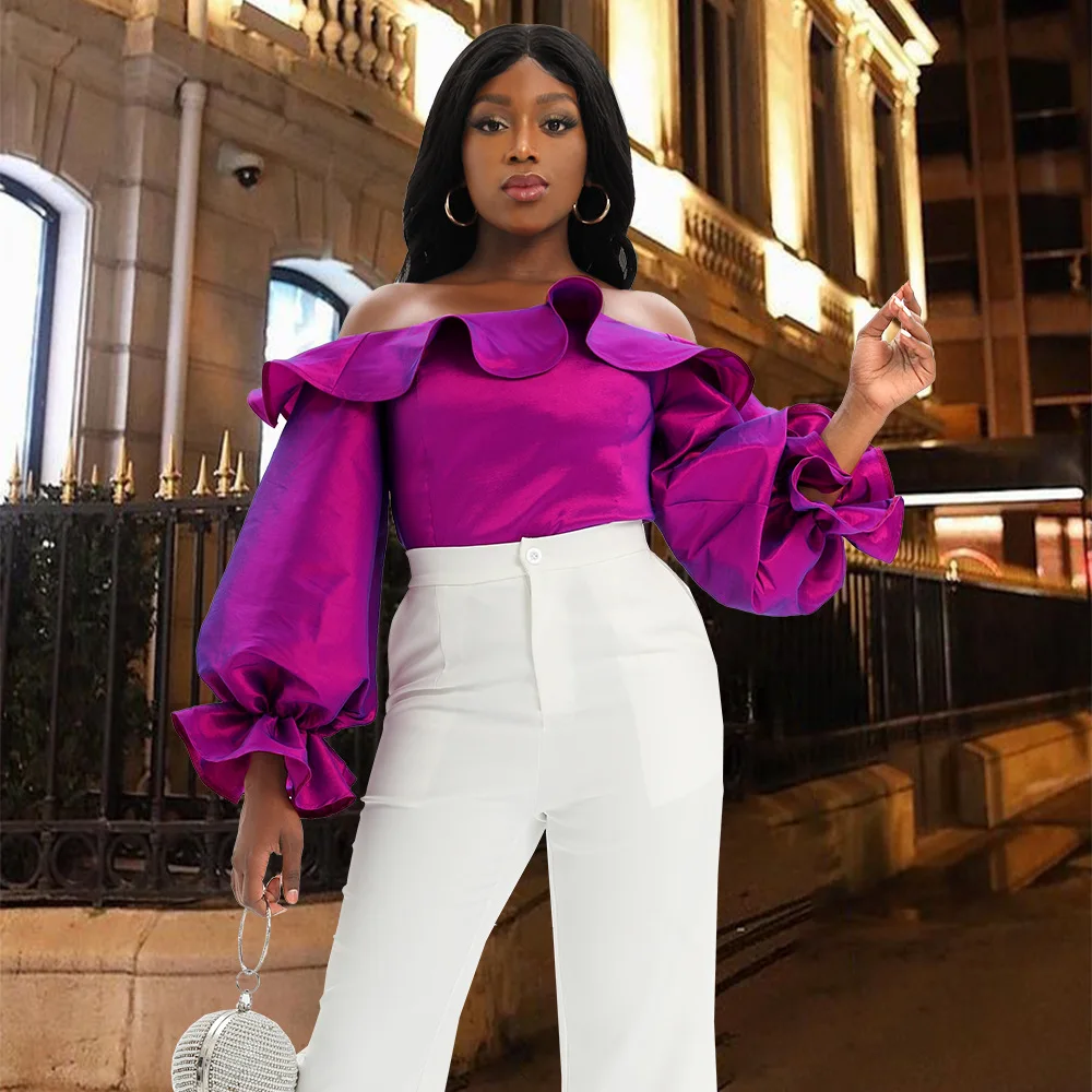 Women Blouses Sexy Off Shoulder Lantern Sleeve Ruffles Shirt Tops Large Size Purple Blouses 2022 African Wear Shirts Blouses