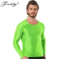 mens glossy smooth slim fit long sleeve t shirts tops solid see though stretchy tights undershirts for sport workout clubwear