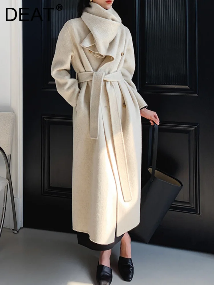 

DEAT Fashion Women's Woolen Coat Scarf Collar Loose Double Breasted Long Sleeve Solid Color Overcoat Spring 2023 New 17A5611