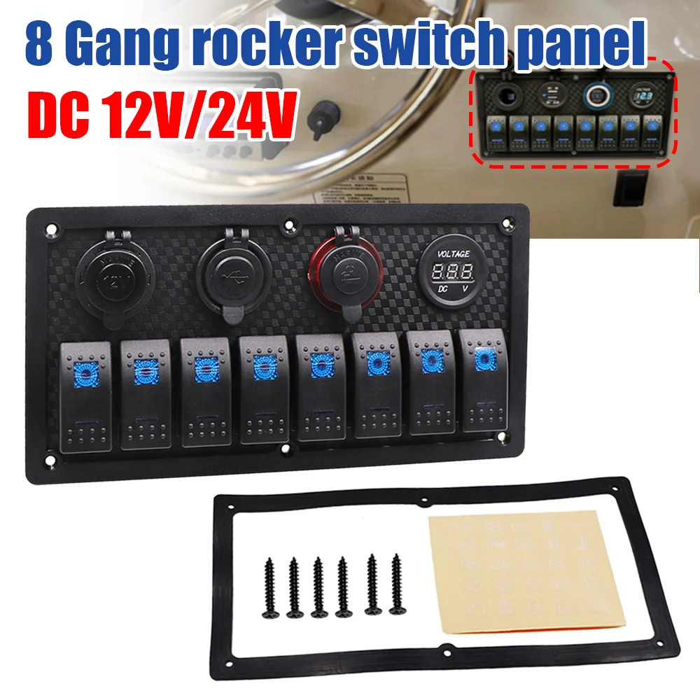 

8 Gang Car Marine Switch Panel Voltmeter Dual USB Cigarette Lighter Socket Toggle Switch Panels Waterproof For Auto Boat Truck
