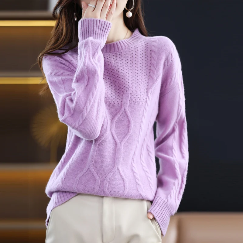 

Женский пуловер с круглым вырезом, повседневный однотонный вязаный свитер из 2023 шерсти, мягкая и дышащая блузка, осень/зима 100%