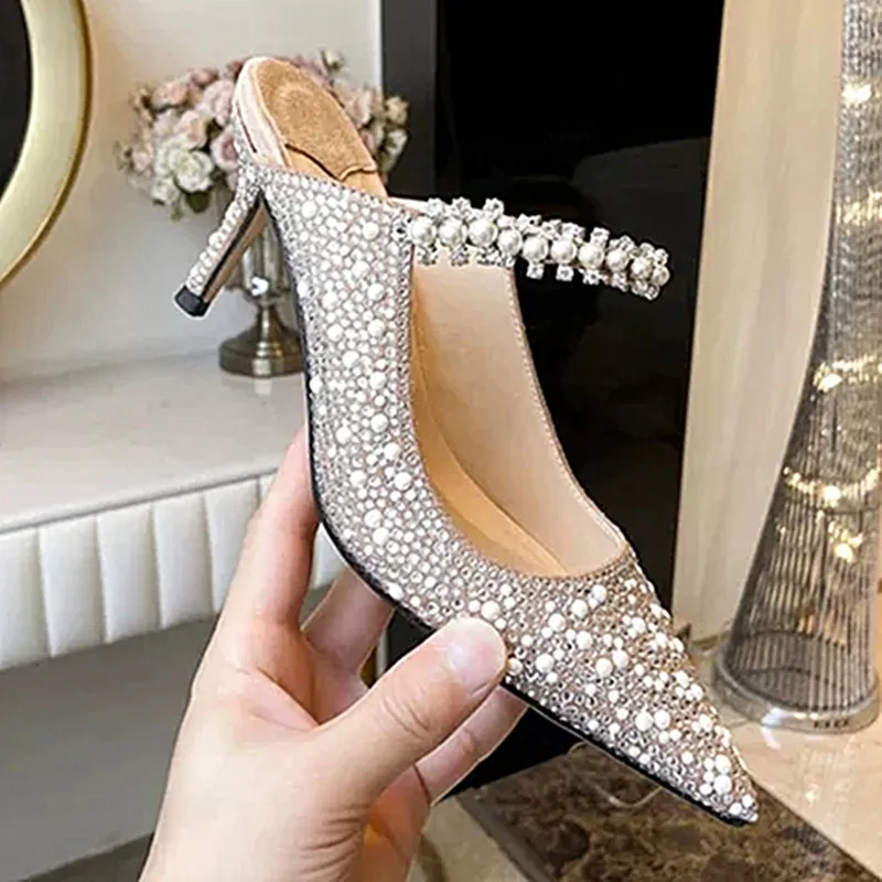 Shallow Mouth Women's Single Shoes Spring and Autumn 2023 New High Heel Muller Pointed Fashion Pearl Rhinestone Mary Jane Shoes