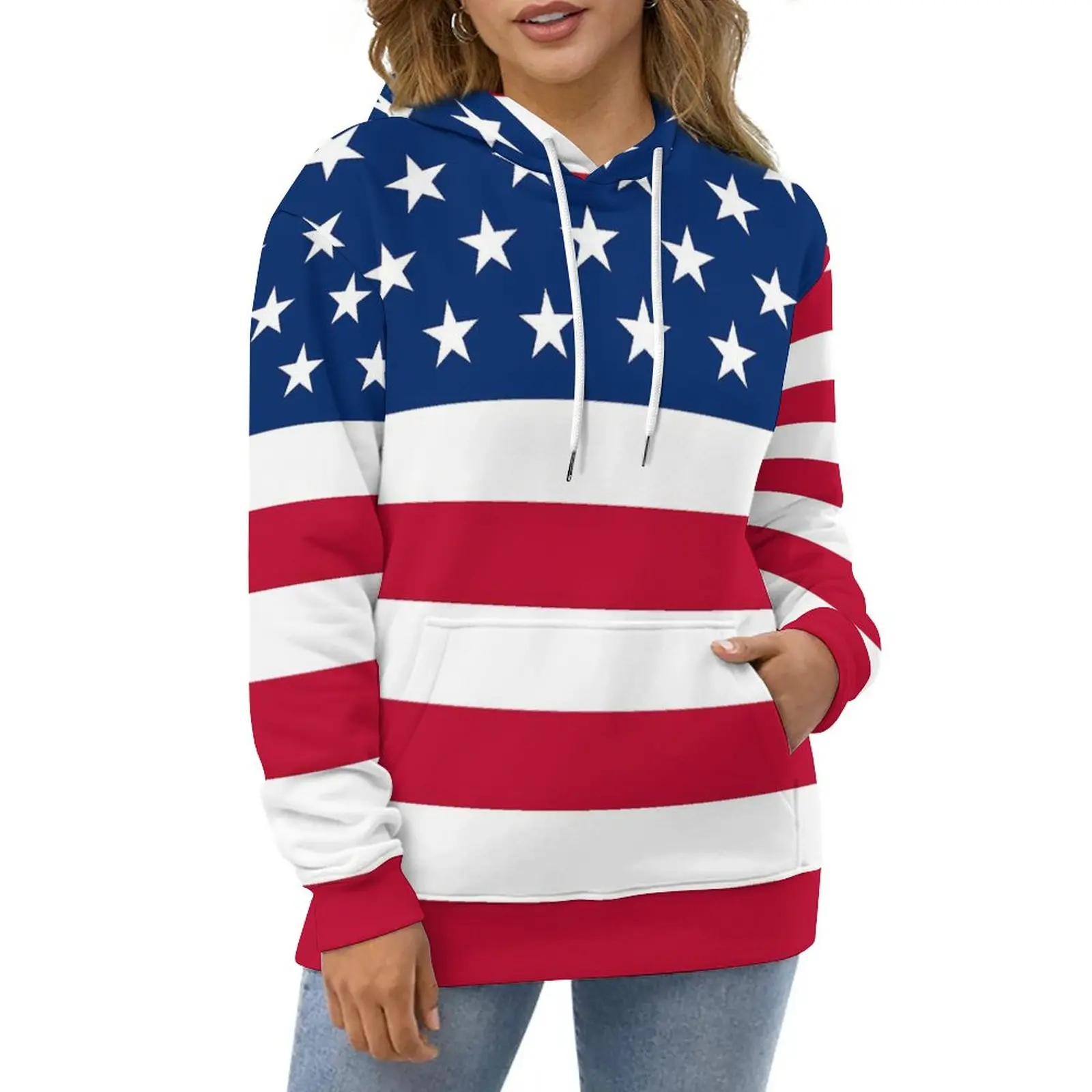 

Толстовки с флагом США, дамские повседневные пуловеры в стиле Харадзюку со звездами и полосками, Зимние толстовки с капюшоном и забавным принтом и длинным рукавом