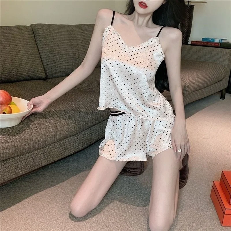 QWEEK Ruffled Polka Dot Print Suspender Set Pajamas Women Clothing Sets Summer Plus Size 4XL Pijamas Pyjamas Sleepwear Nightwear