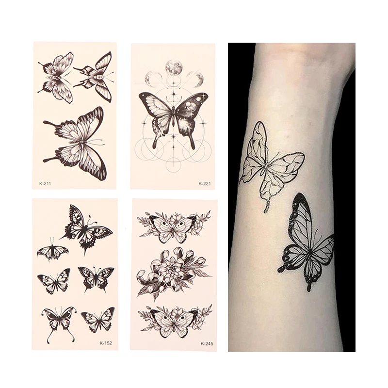 

Временные тату-наклейки, Бабочка, роза, кавайная переводная татуировка, водостойкая Женская татуировка на шею, руку, боди-арт, искусственные татуировки