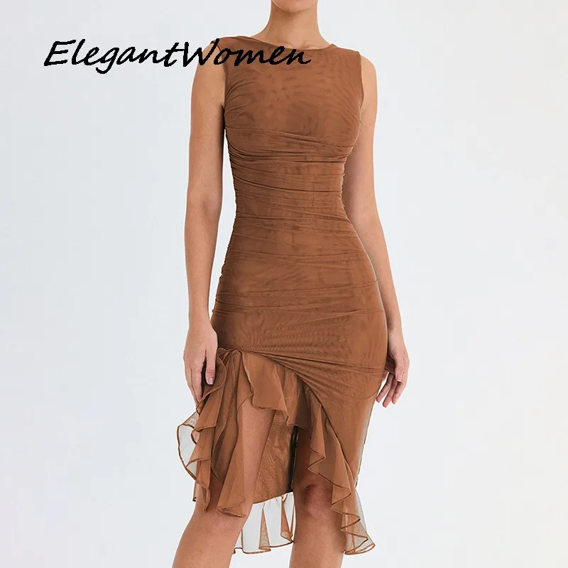 

Sexy Slim Sleeveless Mesh Midi Mermaid Bodycon Dress Women Summer 2023 Elegant O-neck Wrap Dress Solid Party Evening Dresses New