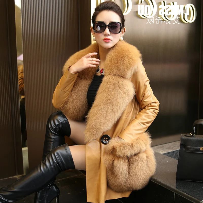 

Кожаное пальто, 100% натуральная овчина, женский пуховик с воротником из натурального Лисьего меха, зимняя куртка для женщин из натуральной кожи жаккей2023