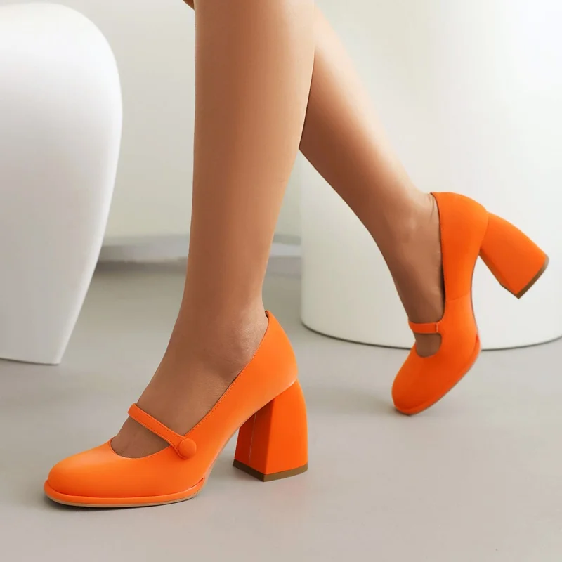 classic pumps designer shoes new 2023 spring summer pu leather thick high heels women buckle decoration party dress nude pumps