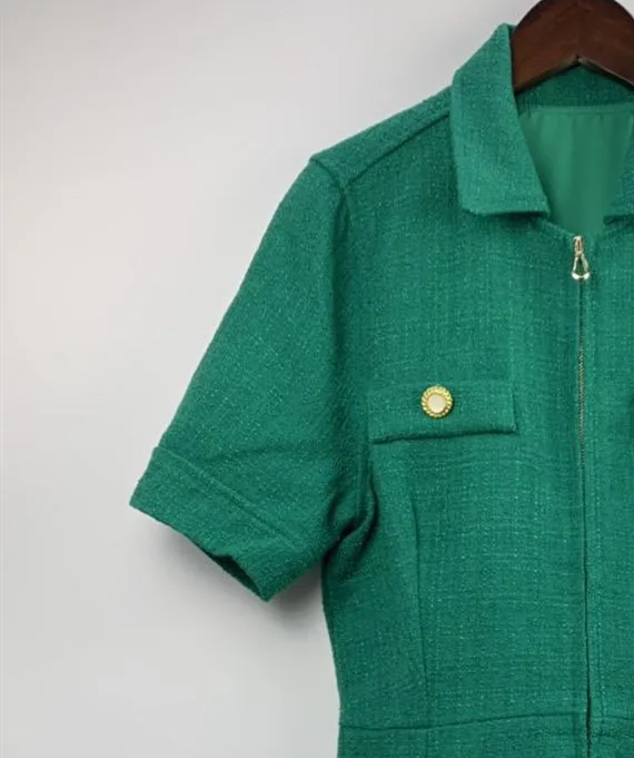 

Женский твидовый комбинезон на молнии, с отложным воротником и коротким рукавом, приталенный силуэт, Осень-зима