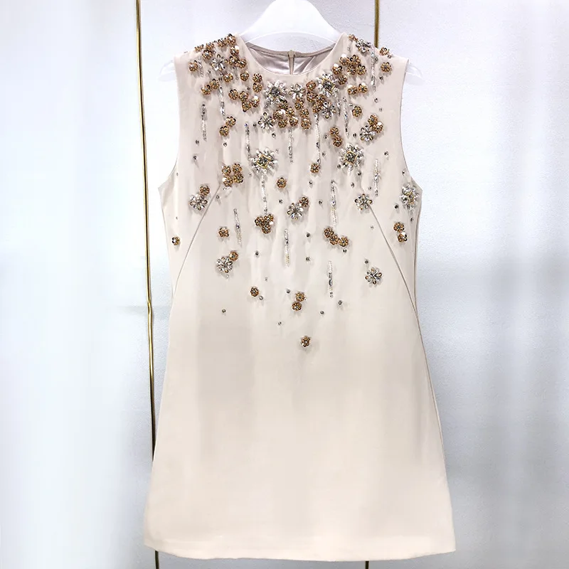 2022 Spring New Designer Women's Sweet Floral Diamonds Sleeveless Dress F157