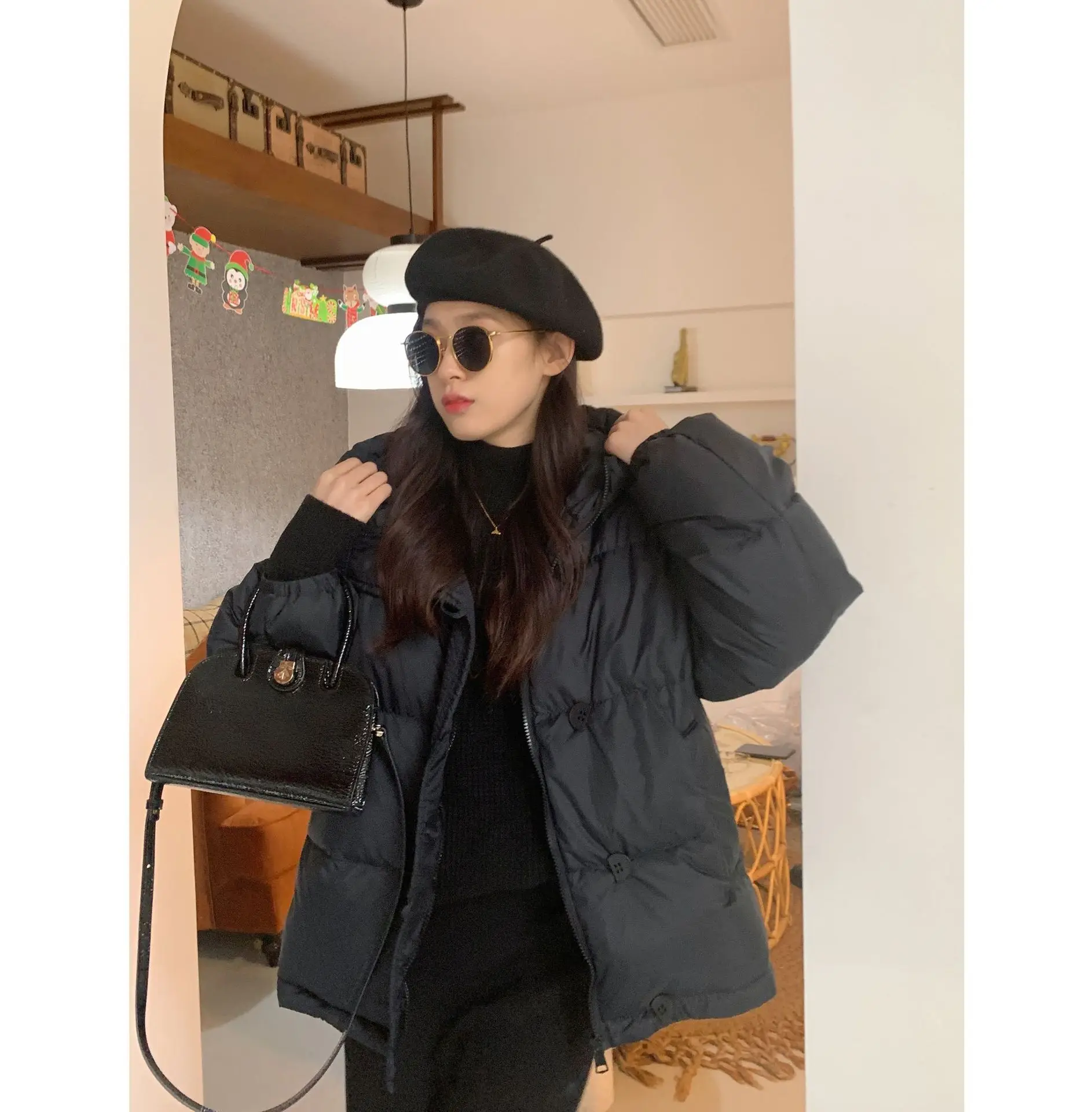 Thickened 90 white duck down loose slim hooded bread clothing down jacket female winter