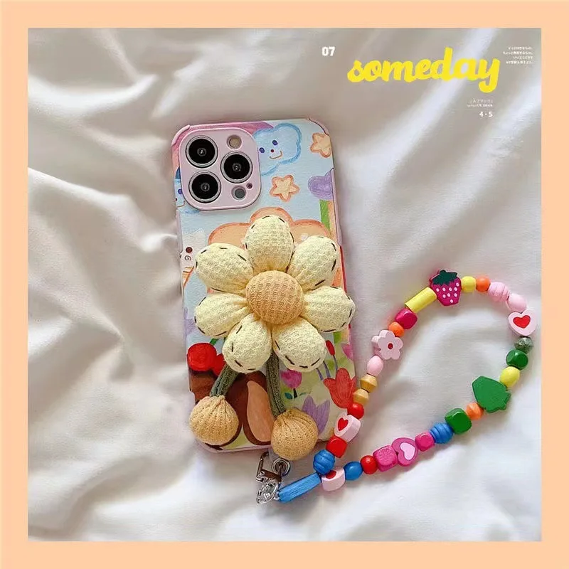 INS Spring Flower Women Suitable for iPhone X XS XR 12 13 14 Pro MAX Phone Case With Bead Chain Silicone Full Cover Soft Case