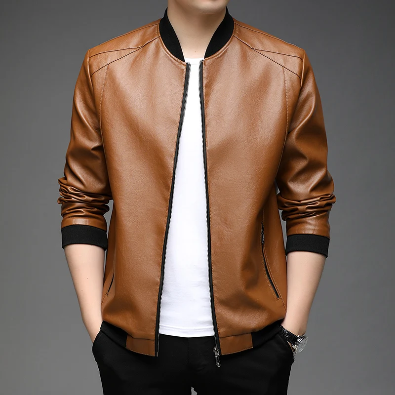 

Slim Fit Pure Color Spring Autumn Fashion Korean High End Long Sleeve Casual O Neck Business New Pocket Leather Jackets for Men