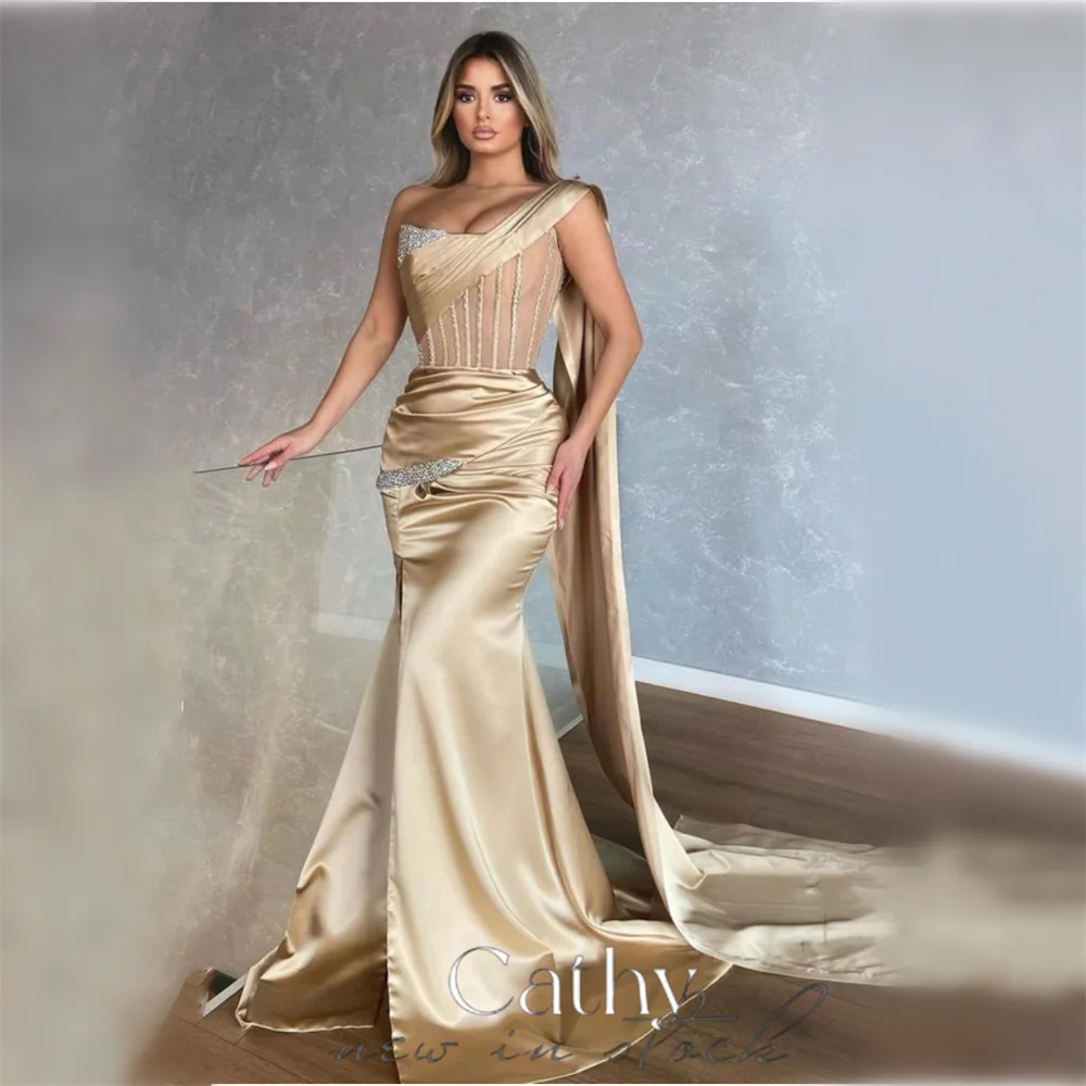 

Cathy Sexy One Cape Sleeve Vestidos De Noche Champagne Fishbone Prom Dress 2023 Sexy One Shoulder Fishtail فساتين السهرة