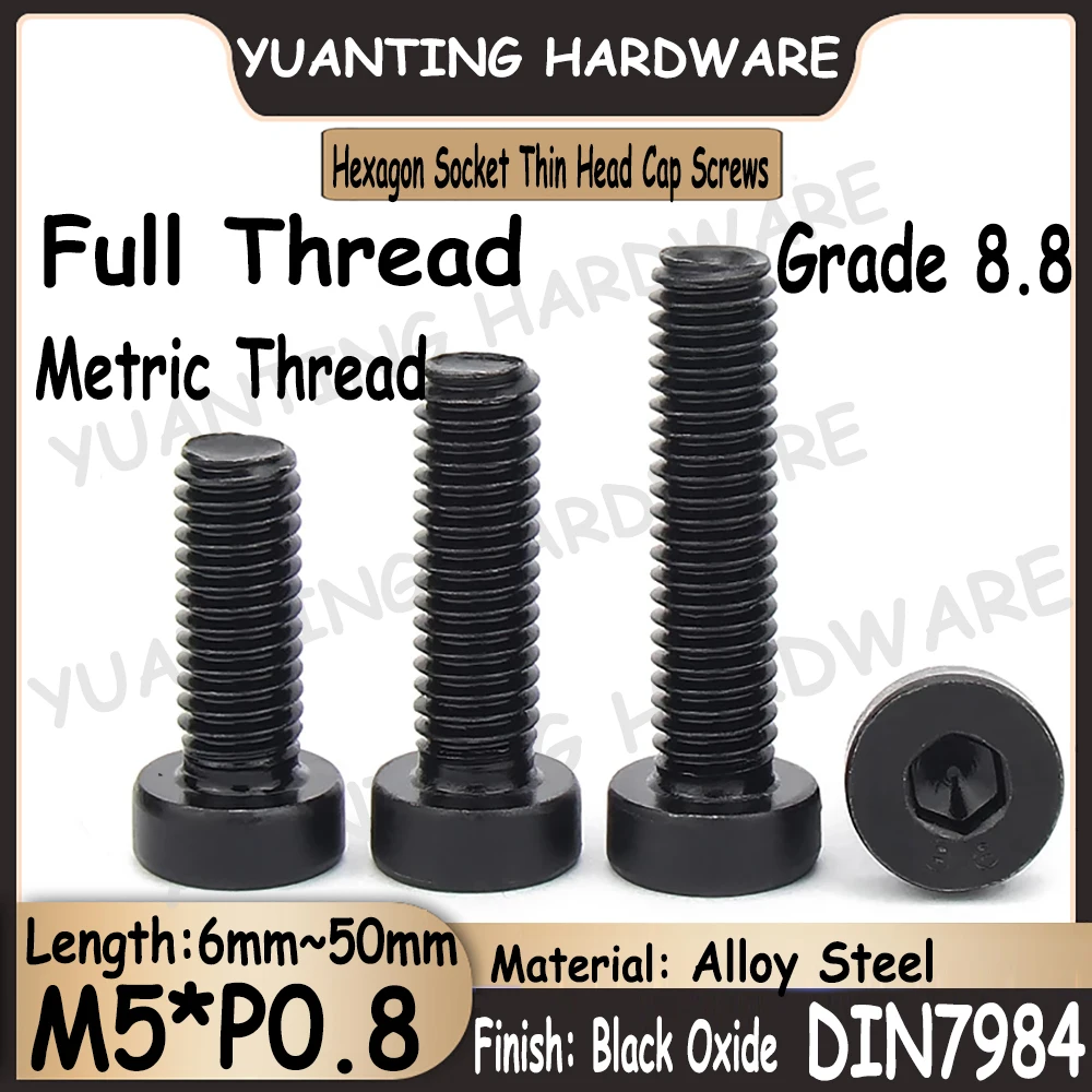 

10 шт. ~ 35 шт. M5 * P 8,8x6 мм ~ 50 мм DIN7984 класс, шестигранная гнездо из легированной стали, винты с тонкой головкой, черные болты с полной резьбой