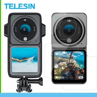 telesin frame case 2 set screen lens tempered glass for dji action 2 camera protective cover housing mount with cold shoe case